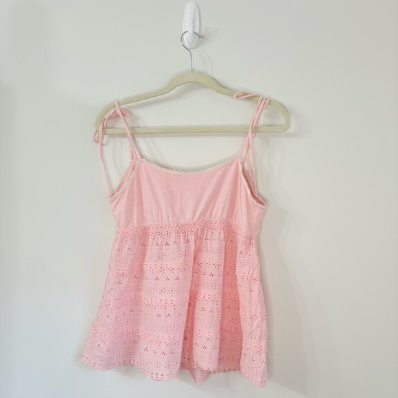 Vintage Y2K Moda International Baby Pink Built in Bra Eyelet Babydoll Tank Top - Picture 2 of 4
